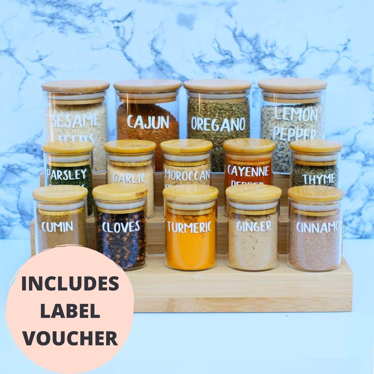 10 Baby & 4 Large Herb & Spice Jars with Spice Rack Set + Label Voucher