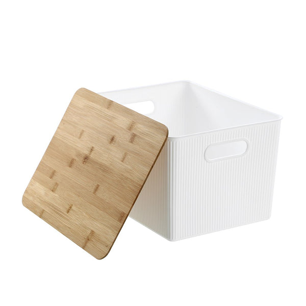 Large White Storage Tub with Bamboo Lid