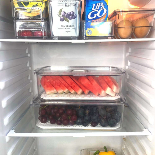 Large Clear Fridge Storage Box with Drainer Board & Lid