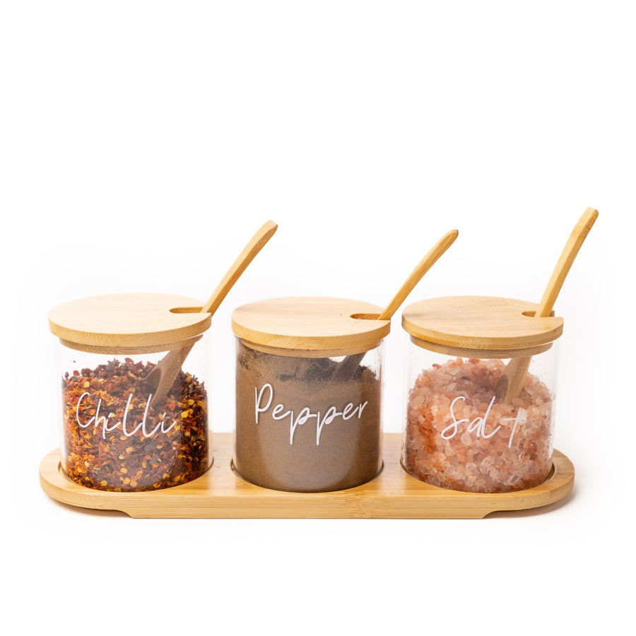 Glass Jar Trio with Bamboo Lids, Spoons & Tray – Refined Living